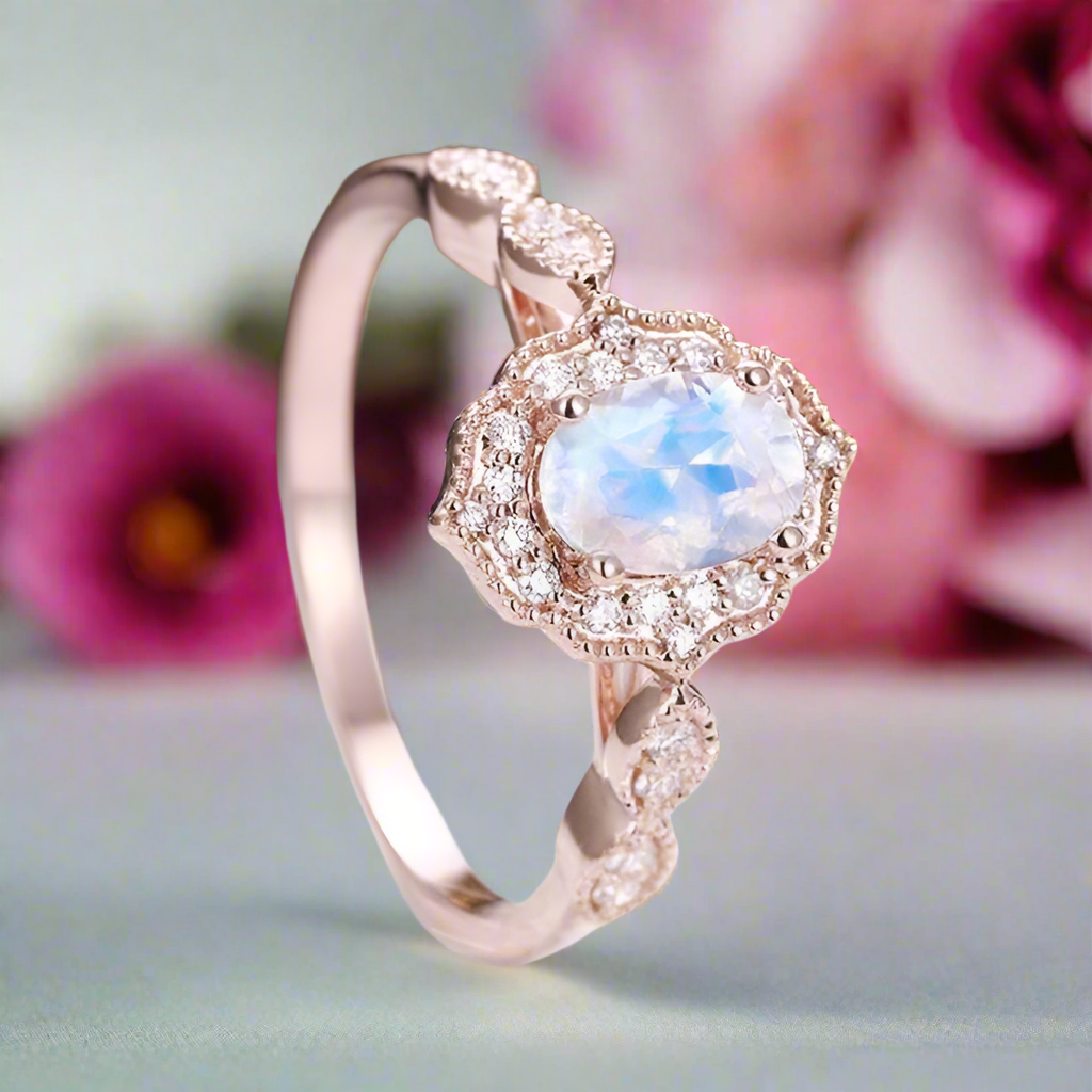 Rose Gold Oval Cut Moonstone Engagement Ring