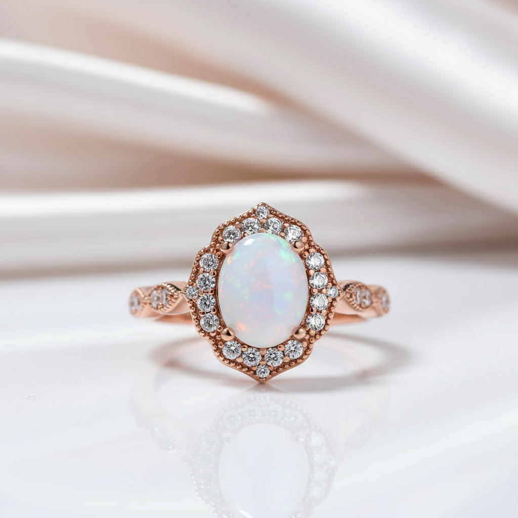 Rose Gold Oval Cut Moonstone Engagement Ring-Black Diamonds New York