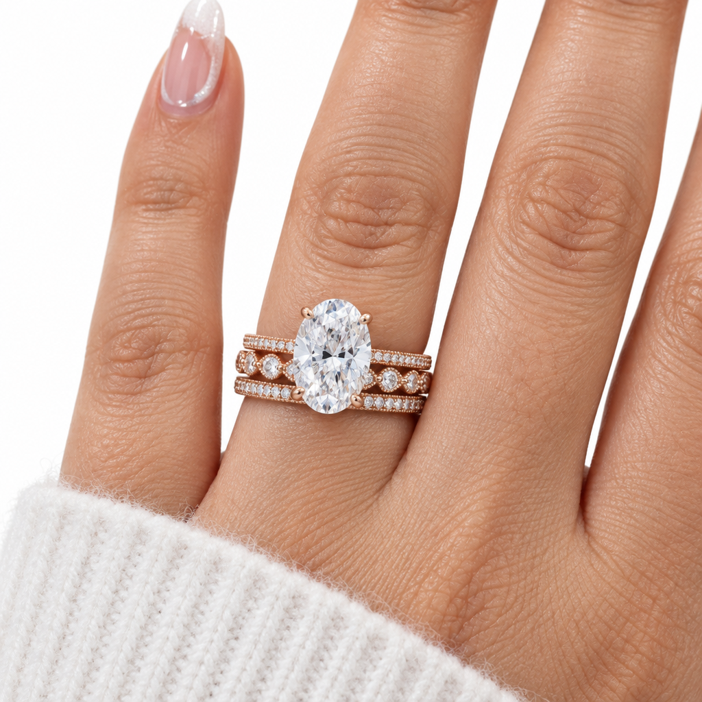 Rose Gold Oval Cut Simulated Diamond Option 3Pcs Wedding Ring Set-Black Diamonds New York