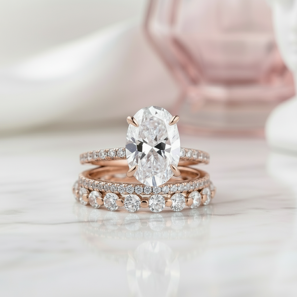 Rose Gold Oval Cut Simulated Diamond 3Pcs Wedding Ring Set-Black Diamonds New York