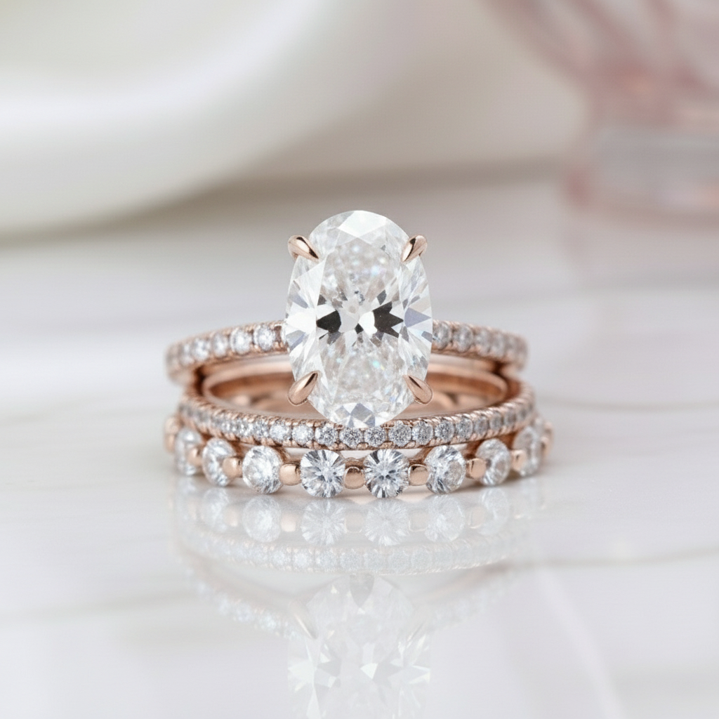 Rose Gold Oval Cut Simulated Diamond 3Pcs Wedding Ring Set-Black Diamonds New York