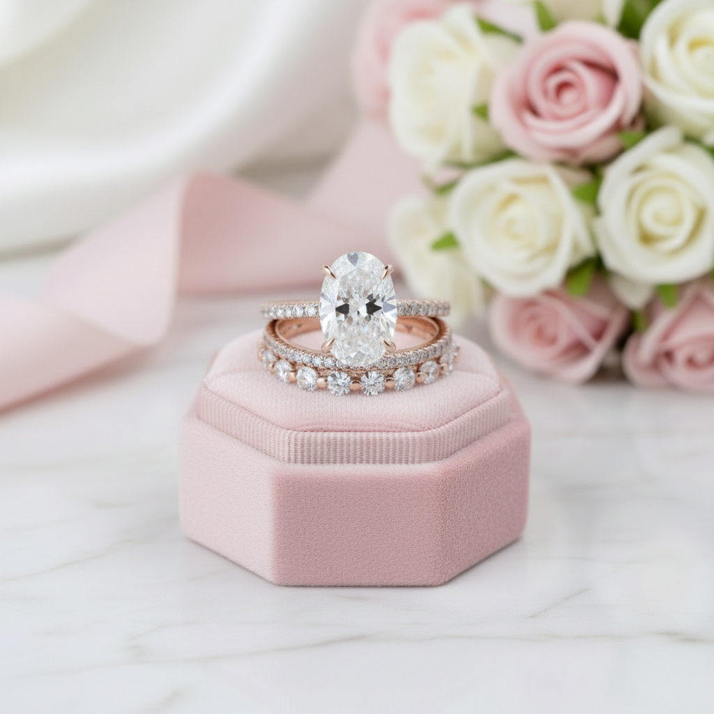 Rose Gold Oval Cut Simulated Diamond Option 3Pcs Wedding Ring Set-Black Diamonds New York