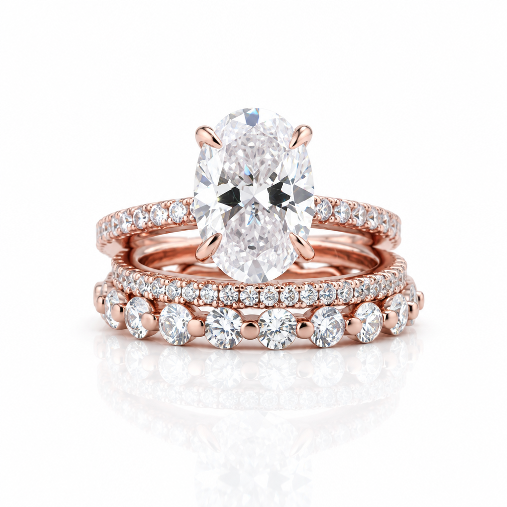 A rose gold engagement ring set featuring a large oval-cut center stone with two matching diamond-studded bands, displayed on a clean white background with a soft reflection.