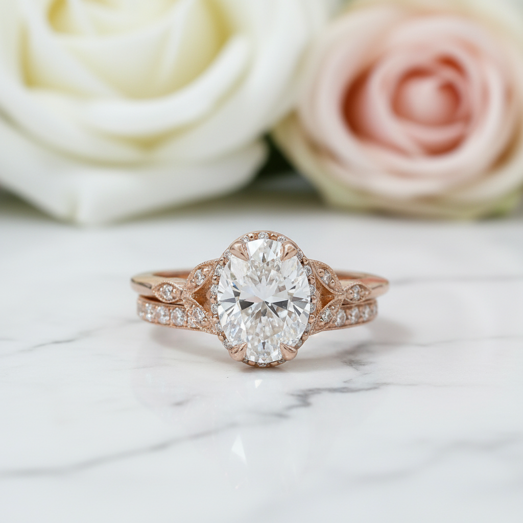 Rose Gold Oval Cut Solitaire Wedding Set-Black Diamonds New York