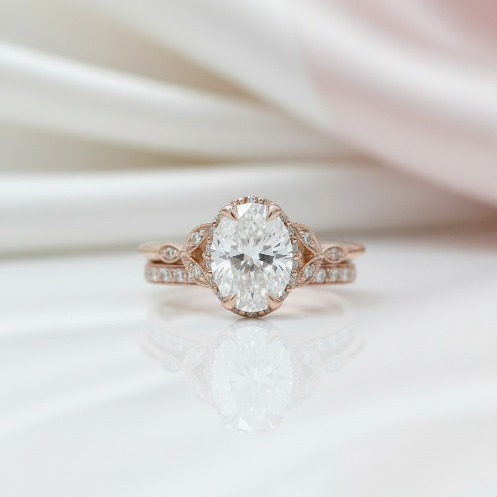 Rose Gold Oval Cut Solitaire Wedding Set-Black Diamonds New York