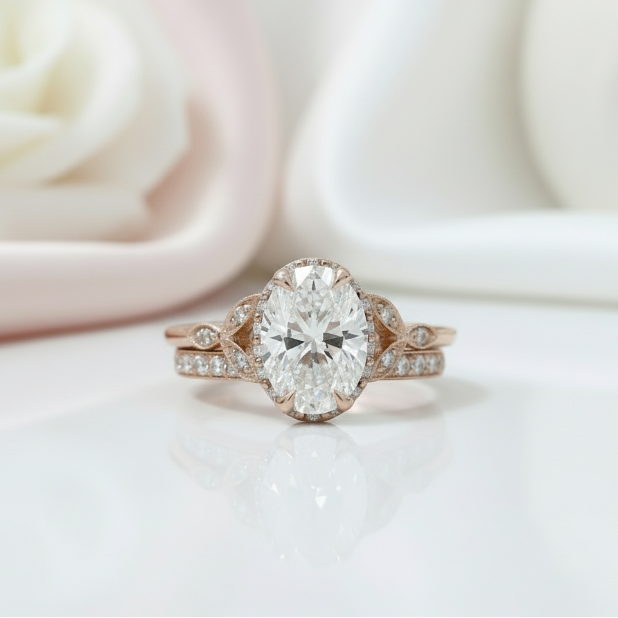 Rose Gold Oval Cut Solitaire Wedding Set-Black Diamonds New York