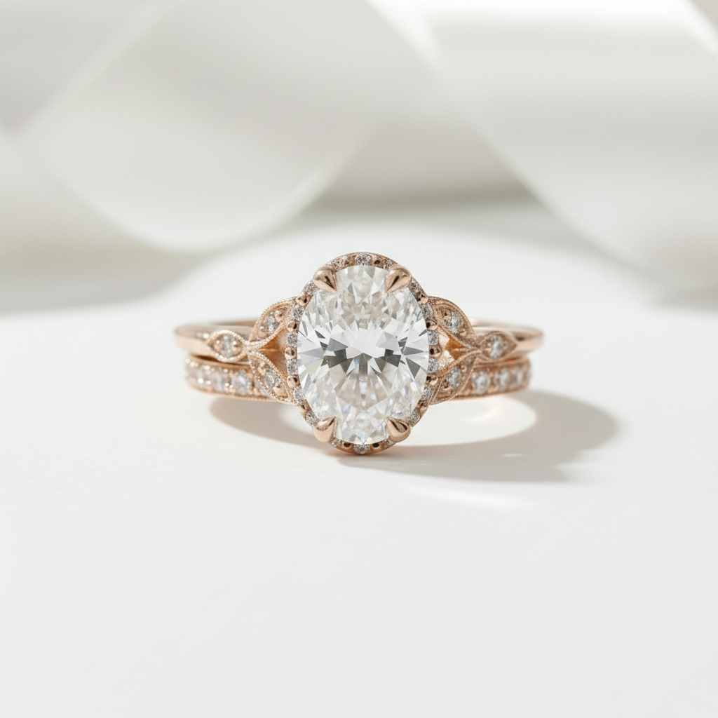 Rose Gold Oval Cut Solitaire Wedding Set-Black Diamonds New York