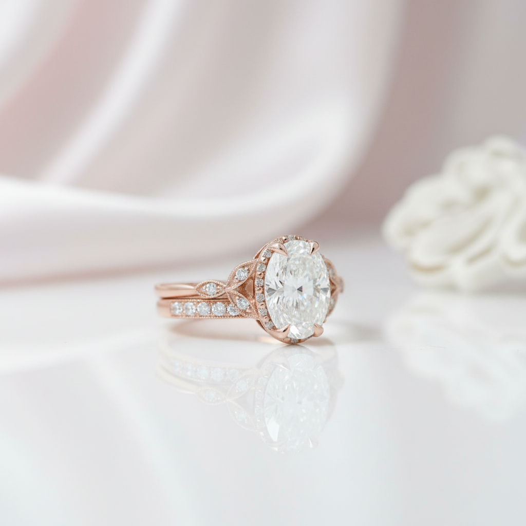 Rose Gold Oval Cut Solitaire Wedding Set-Black Diamonds New York