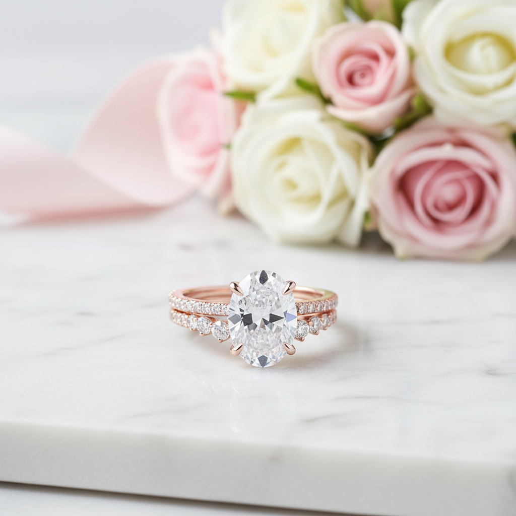 Rose Gold Oval Cut White Stone Wedding Set-Black Diamonds New York