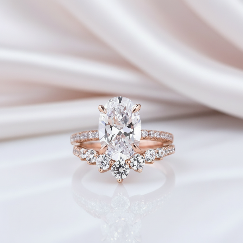Rose Gold Oval Cut White Stone Wedding Set-Black Diamonds New York