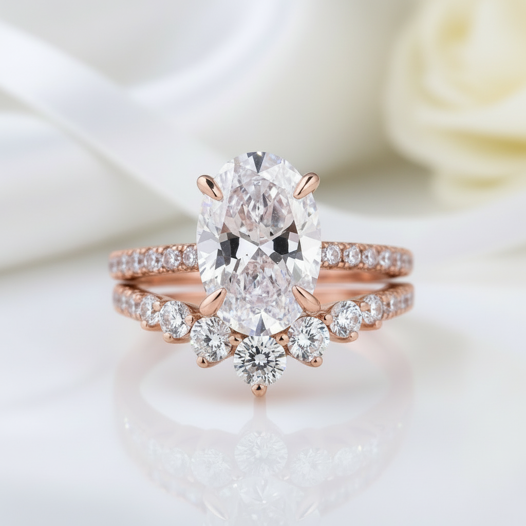 Rose Gold Oval Cut White Stone Wedding Set-Black Diamonds New York
