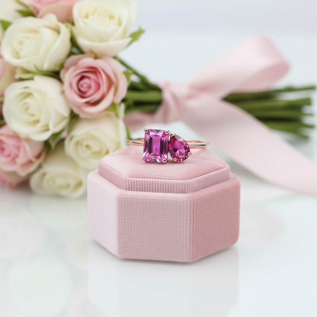 Rose Gold Pear & Emerald Cut Solitaire Engagement Ring-Black Diamonds New York