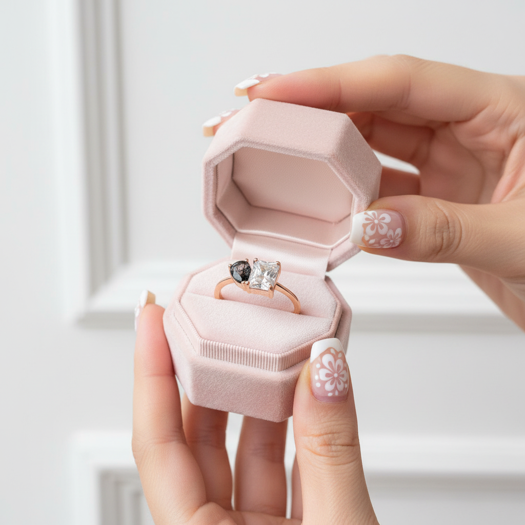 Rose Gold Pear & Emerald Cut Solitaire Engagement Ring-Black Diamonds New York
