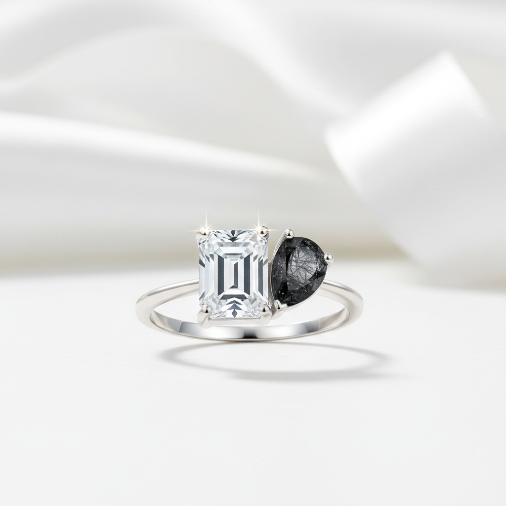 Rose Gold Pear & Emerald Cut Solitaire Engagement Ring-Black Diamonds New York