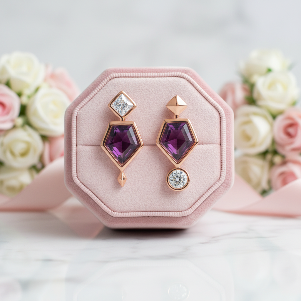 Rose Gold Pentagon Purple Diamond Option Earrings-Black Diamonds New York