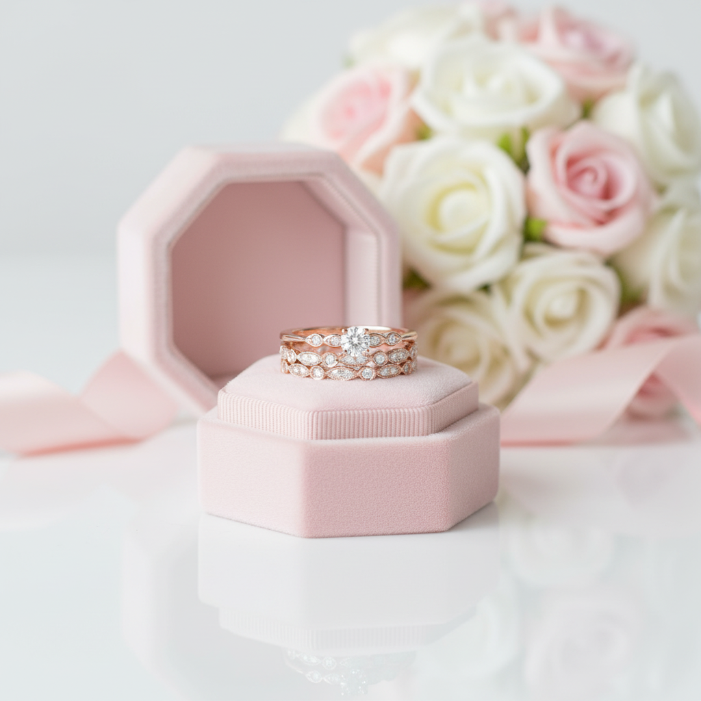Rose Gold Round Cut 3PC Wedding Ring Set-Black Diamonds New York