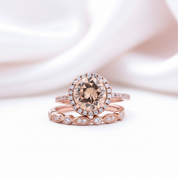 Rose Gold Round Cut Champagne Sapphire Art Deco Wedding Ring Set-Black Diamonds New York