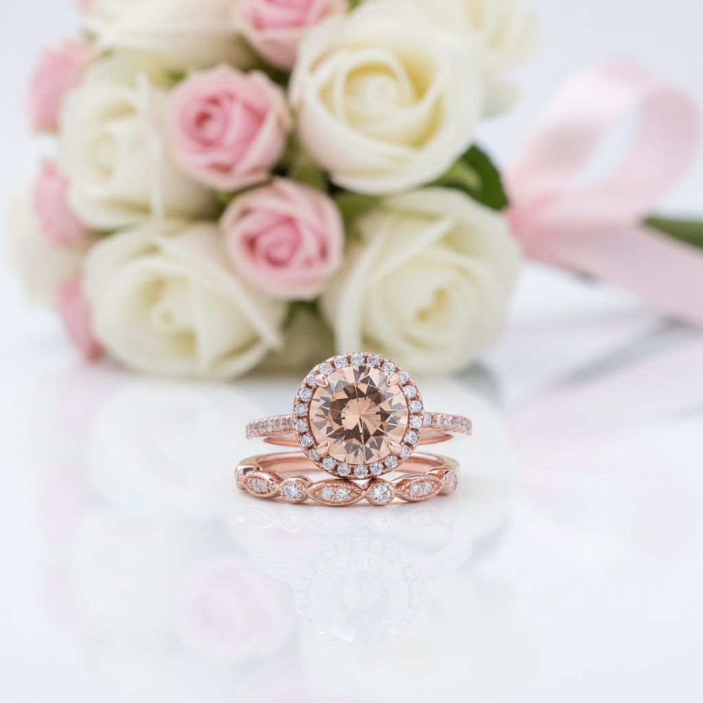 Rose Gold Round Cut Champagne Sapphire Art Deco Wedding Ring Set-Black Diamonds New York