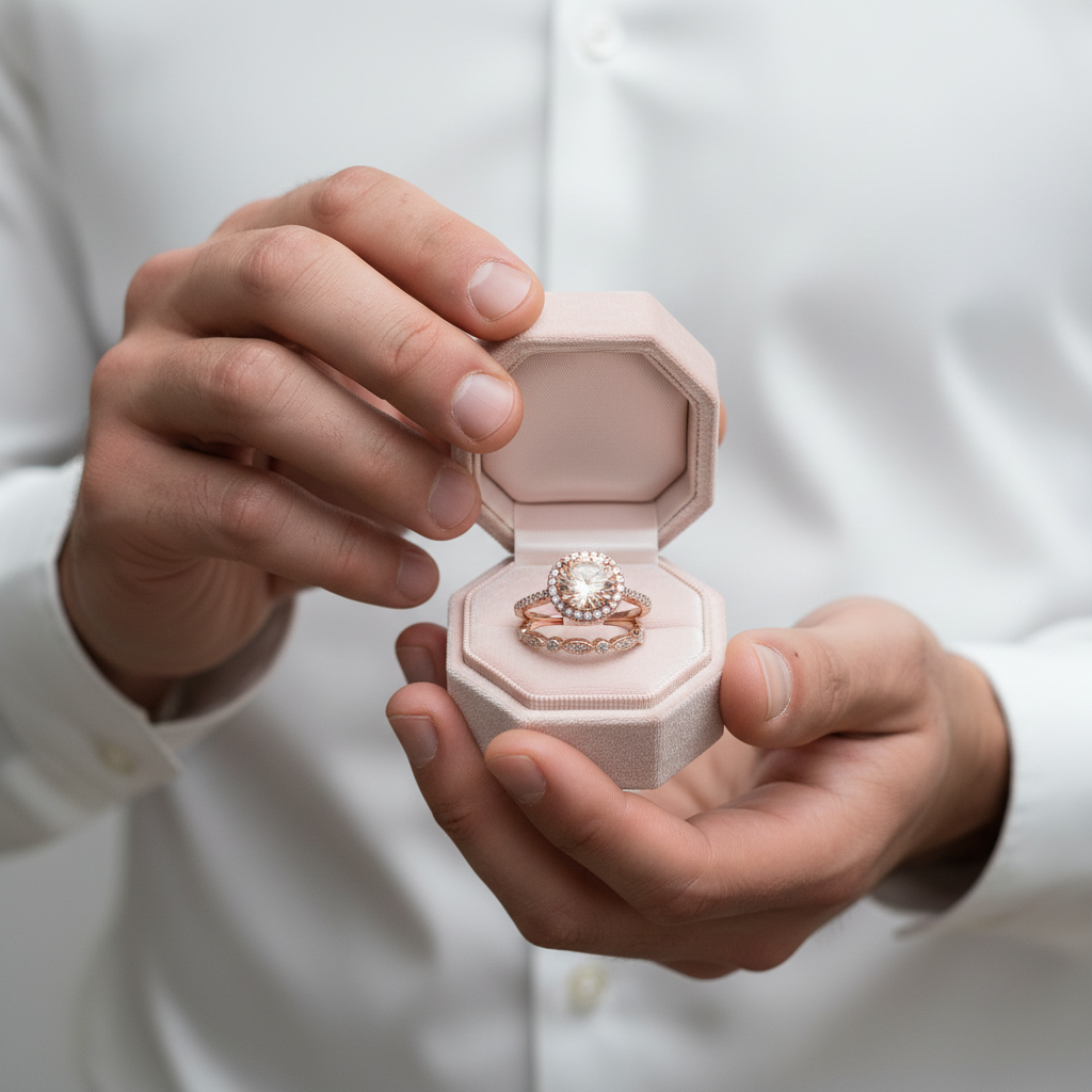 Rose Gold Round Cut Champagne Sapphire Art Deco Wedding Ring Set-Black Diamonds New York