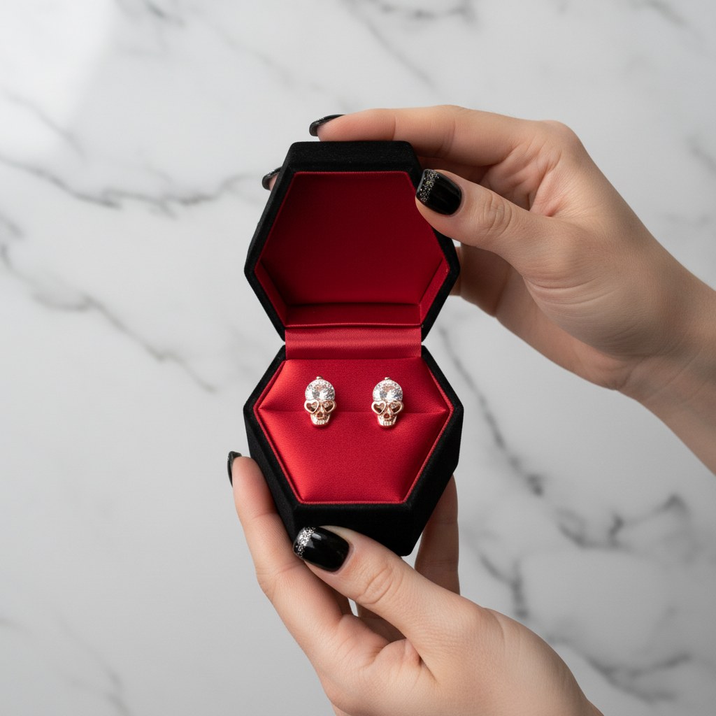 Skull-shaped earrings in a hexagonal black box with red interior held by a hand against a marble background.