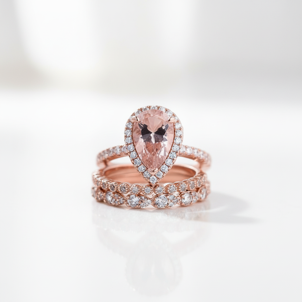 Rose Gold Synthetic Morganite Pear Cut Wedding Ring Set-Black Diamonds New York