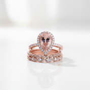 Rose Gold Synthetic Morganite Pear Cut Wedding Ring Set-Black Diamonds New York