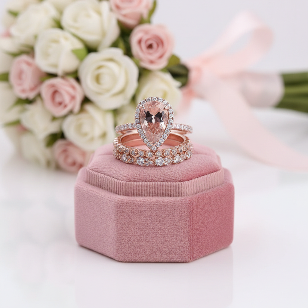Rose Gold Synthetic Morganite Pear Cut Wedding Ring Set-Black Diamonds New York
