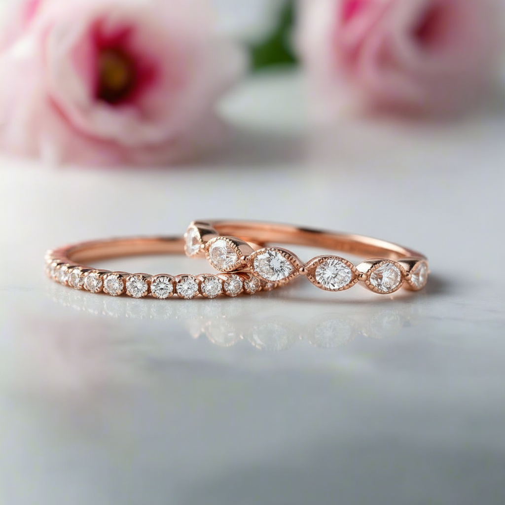 Rose Gold Synthetic Morganite Pear Cut Wedding Ring Set-Black Diamonds New York