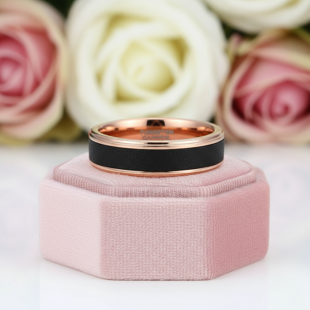 Rose Gold Tungsten Wedding Band with Sandstone Wedding Band-Black Diamonds New York