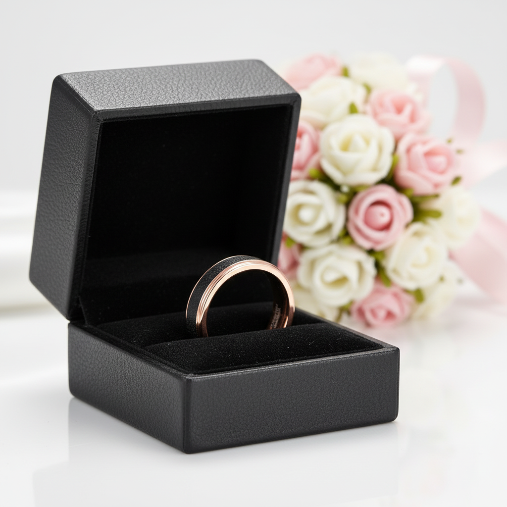 Rose Gold Tungsten Wedding Band with Sandstone Wedding Band-Black Diamonds New York