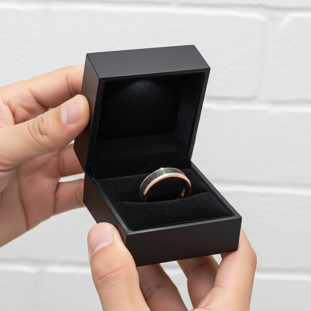 Rose Gold Tungsten Wedding Band with Sandstone Wedding Band-Black Diamonds New York