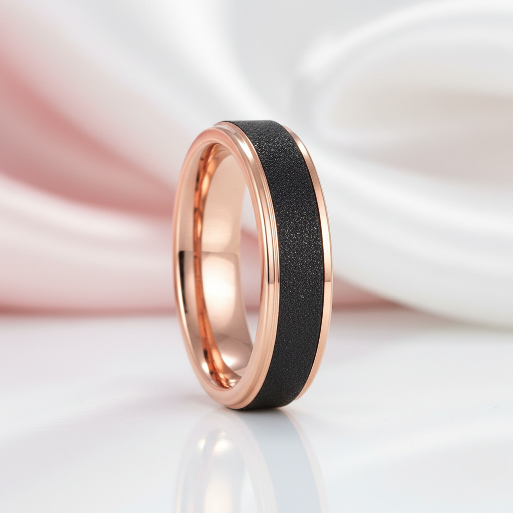 Rose Gold Tungsten Wedding Band with Sandstone Wedding Band-Black Diamonds New York