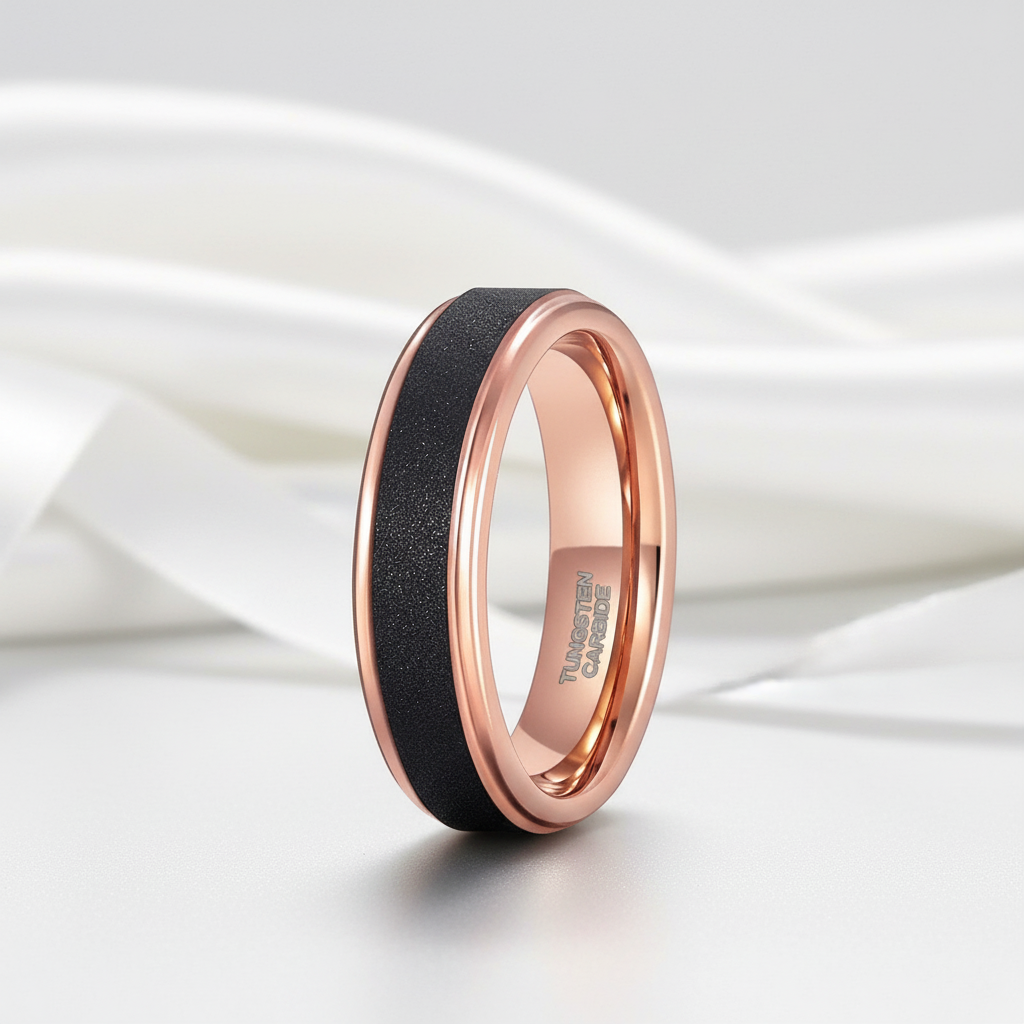 Rose Gold Tungsten Wedding Band with Sandstone Wedding Band-Black Diamonds New York