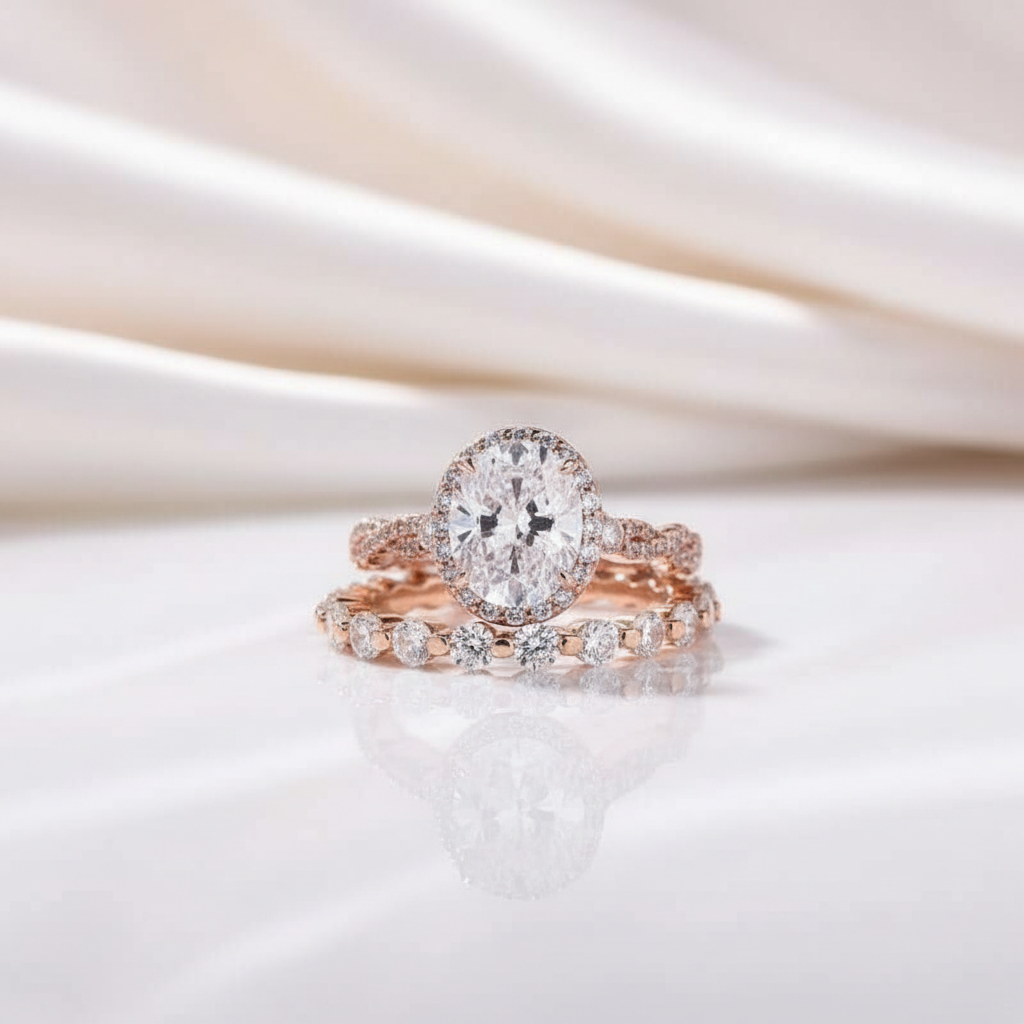 Rose Gold Twist Halo Oval Cut Simulated Diamond Option Set-Black Diamonds New York