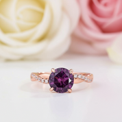 Rose Gold Twist Round Cut Amethyst Purple Promise Ring-Black Diamonds New York