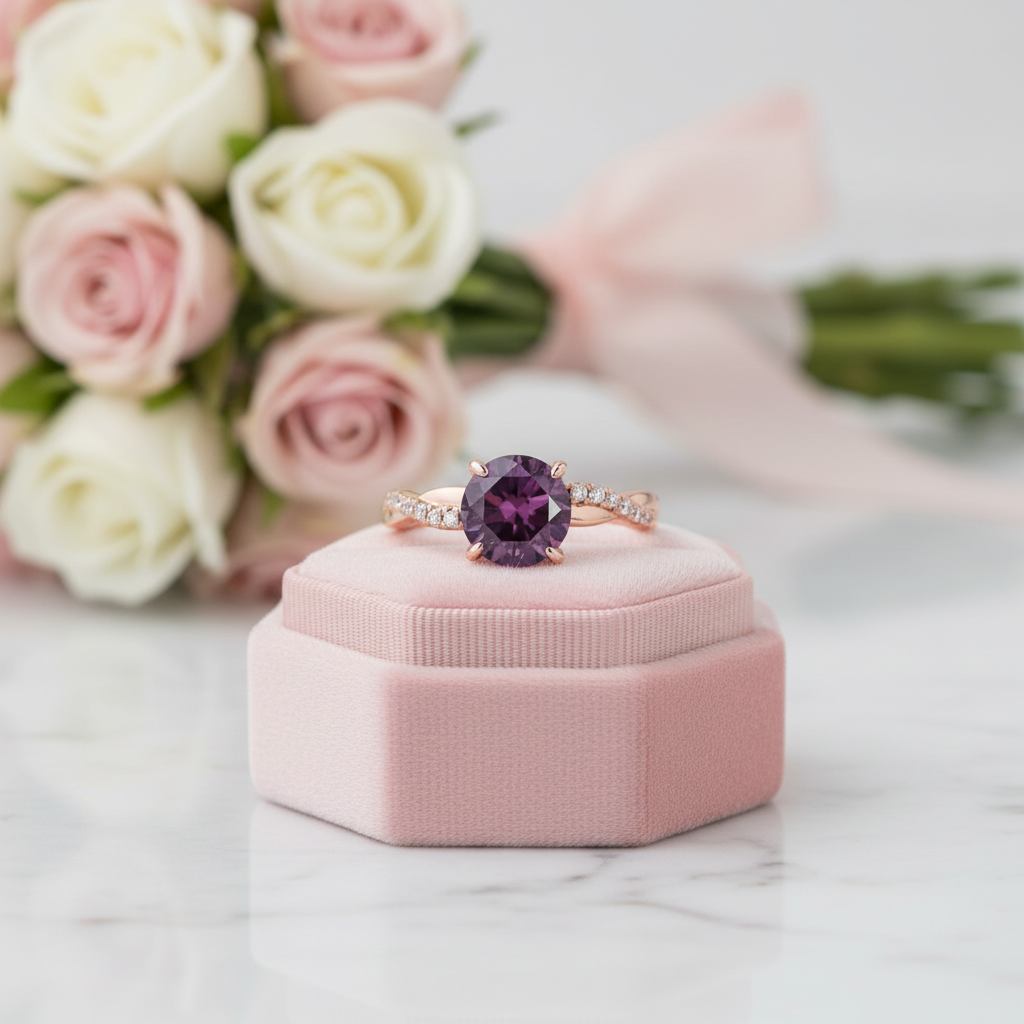 Rose Gold Twist Round Cut Amethyst Purple Promise Ring-Black Diamonds New York