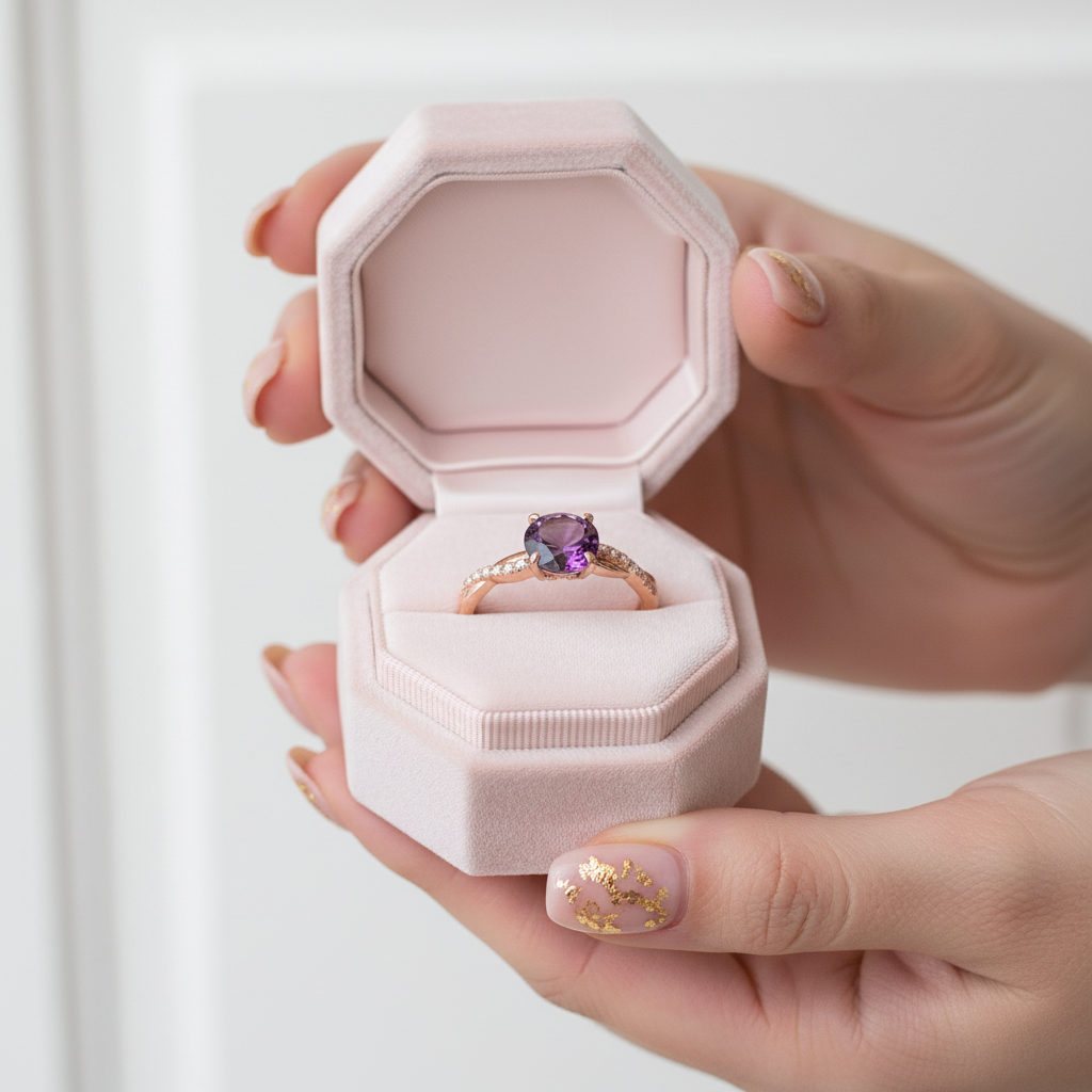 Rose Gold Twist Round Cut Amethyst Purple Promise Ring-Black Diamonds New York