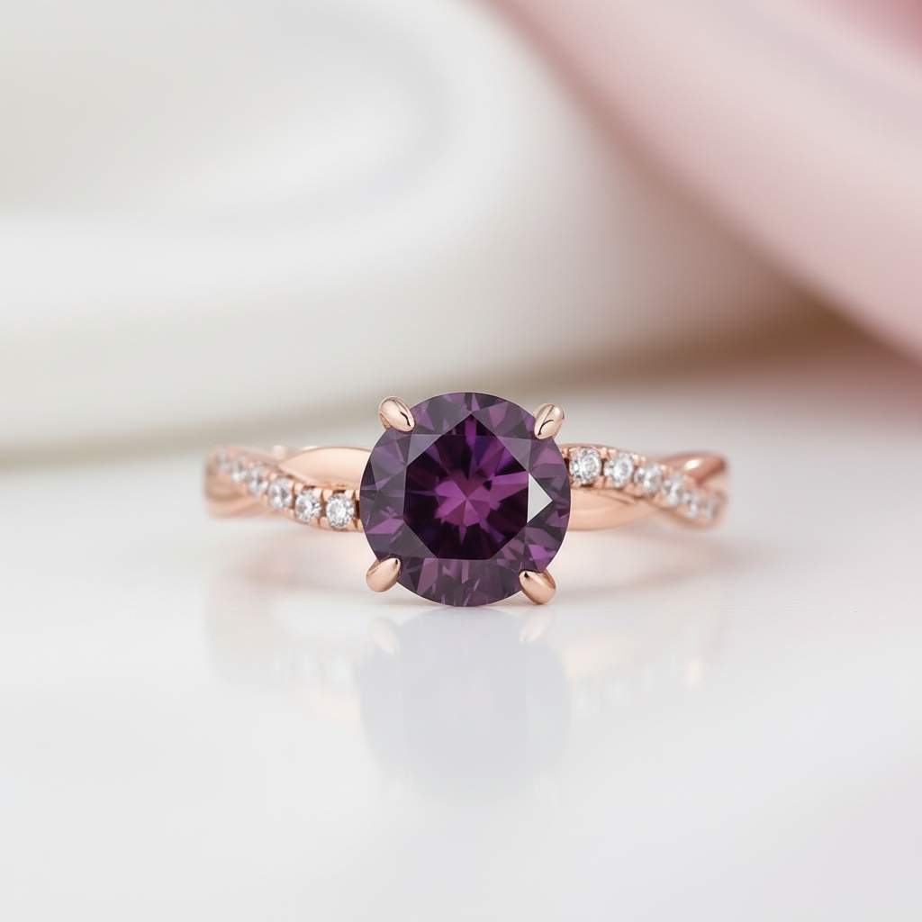 Rose Gold Twist Round Cut Amethyst Purple Promise Ring-Black Diamonds New York