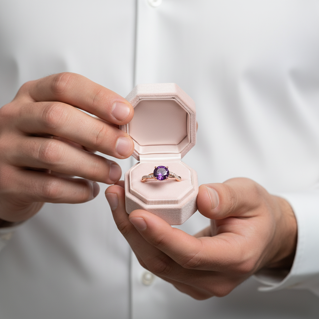 Rose Gold Twist Round Cut Amethyst Purple Promise Ring-Black Diamonds New York