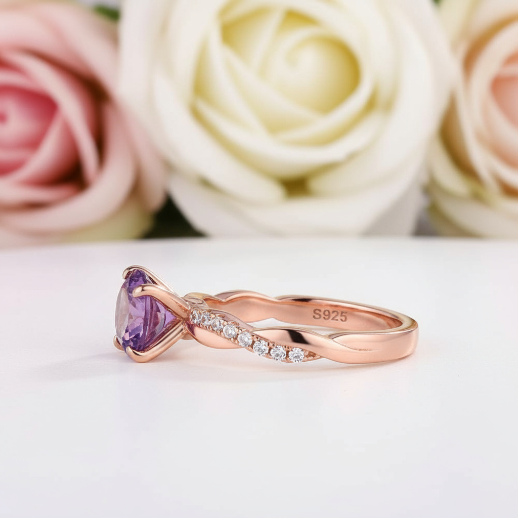 Rose Gold Twist Round Cut Amethyst Purple Promise Ring-Black Diamonds New York