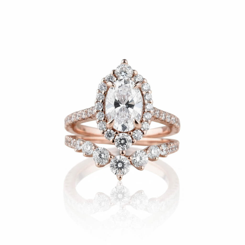 Rose Gold Unique Design Halo Oval Cut Wedding Set-Black Diamonds New York
