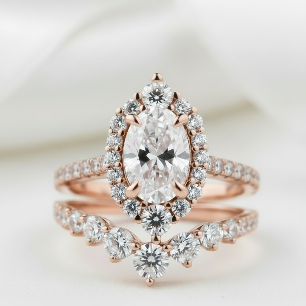 Rose Gold Unique Design Halo Oval Cut Wedding Set-Black Diamonds New York