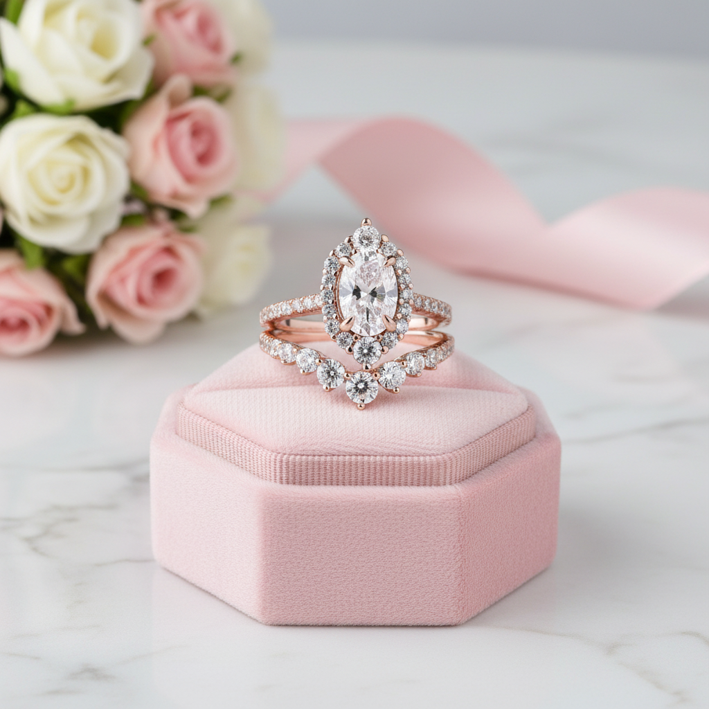 Rose Gold Unique Design Halo Oval Cut Wedding Set-Black Diamonds New York