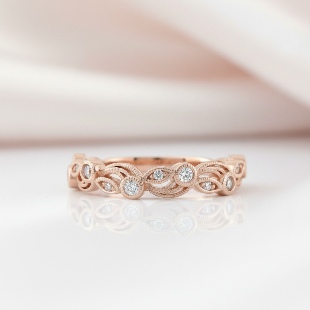 Rose Gold Vintage Leaf & Vine Stacking Wedding Band-Black Diamonds New York