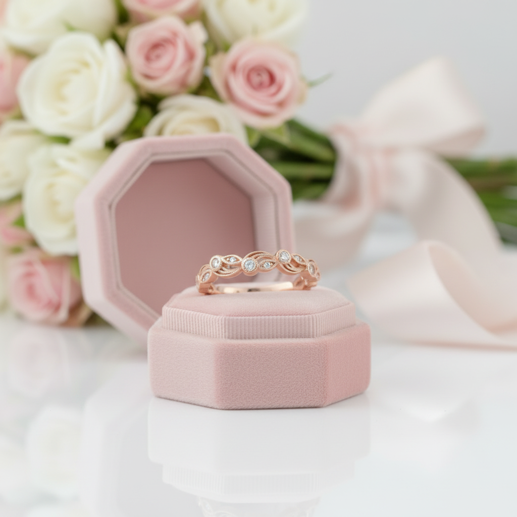 Rose Gold Vintage Leaf & Vine Stacking Wedding Band-Black Diamonds New York