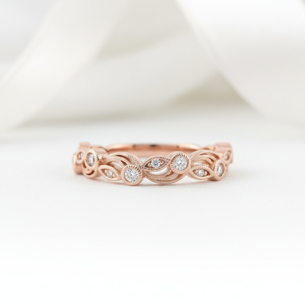 Rose Gold Vintage Leaf & Vine Stacking Wedding Band-Black Diamonds New York