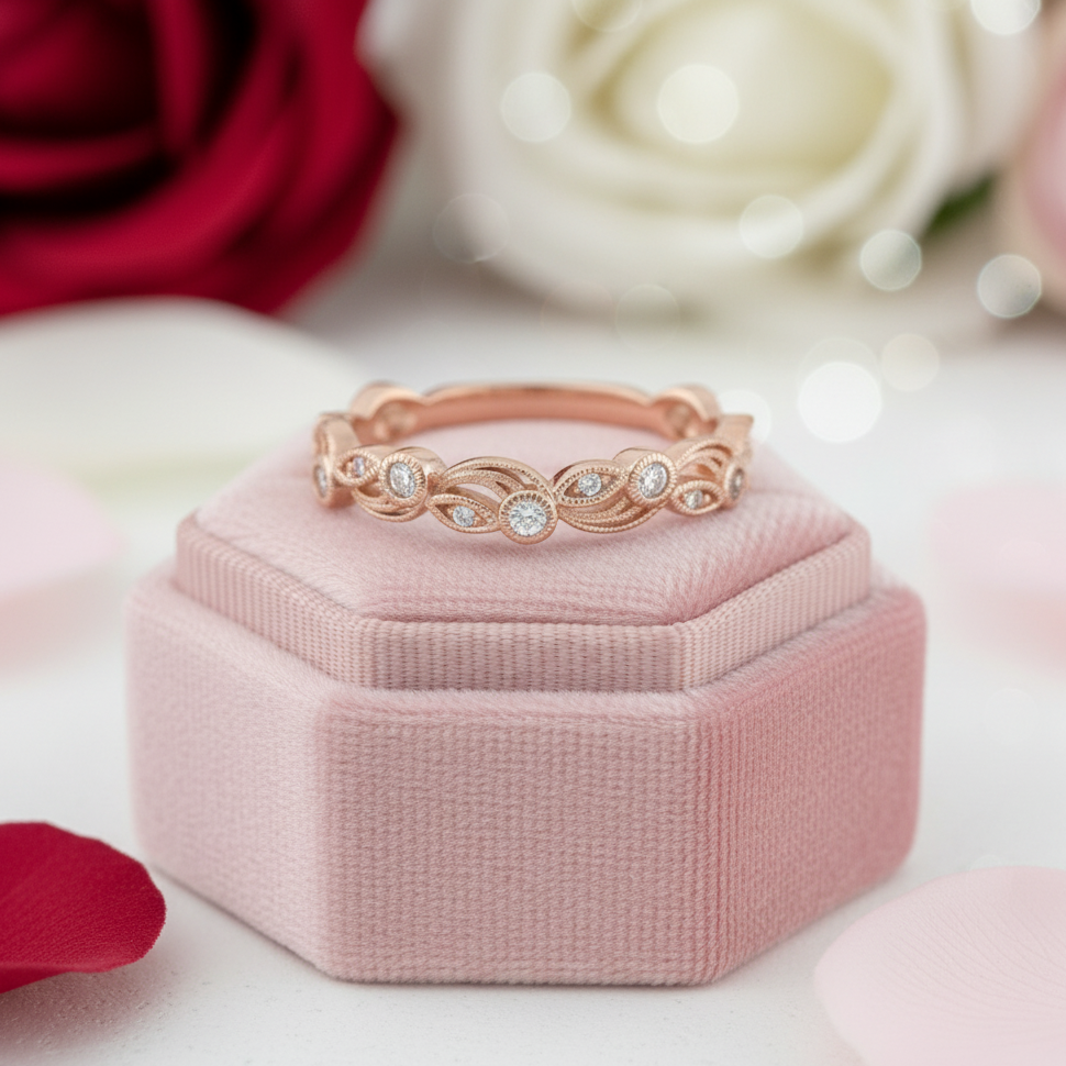 Rose Gold Vintage Leaf & Vine Stacking Wedding Band-Black Diamonds New York