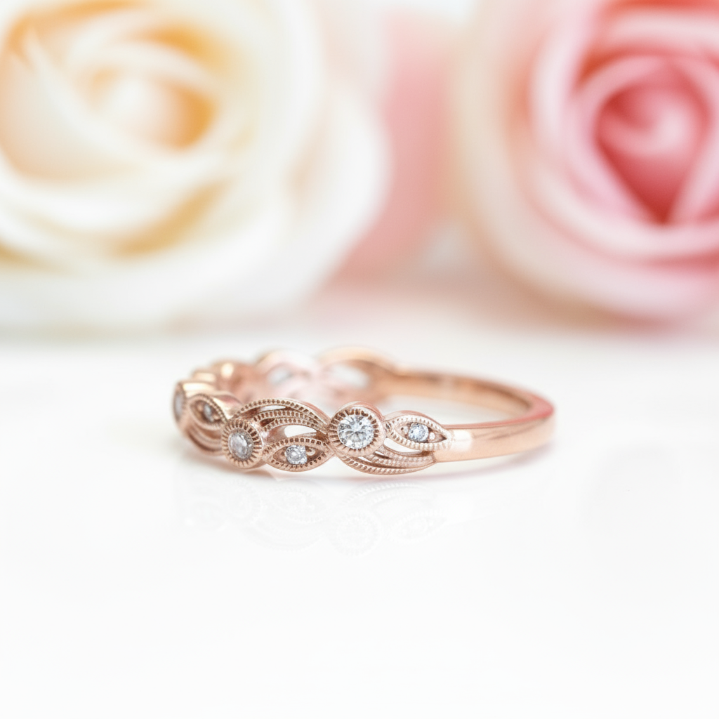 Rose Gold Vintage Leaf & Vine Stacking Wedding Band-Black Diamonds New York