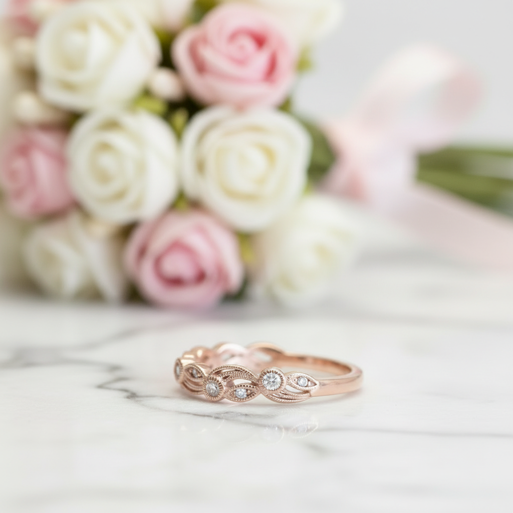 Rose Gold Vintage Leaf & Vine Stacking Wedding Band-Black Diamonds New York