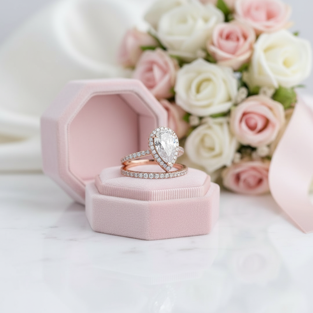 Rose Gold White Sapphire Pear Cut Wedding Ring Set-Black Diamonds New York